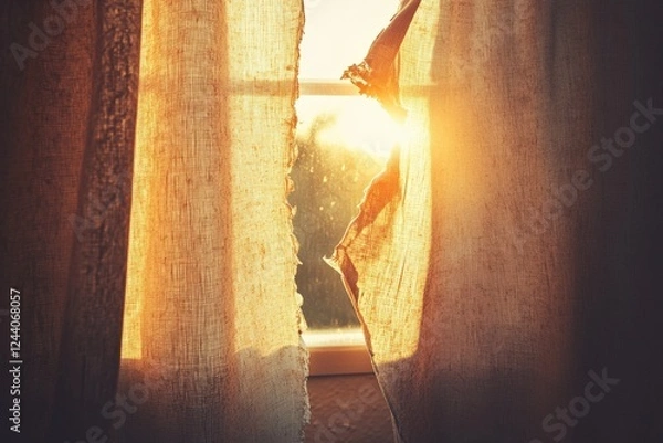 Fototapeta Ripped curtain allowing sunlight to shine through in a quiet room during the evening hours. Generative AI