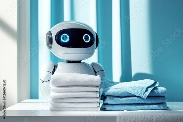 Fototapeta Robot assists with laundry folding in a modern, bright room during the afternoon. Generative AI