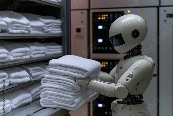 Fototapeta Robot efficiently folds laundry while organizing towels in a modern laundry facility during daytime hours. Generative AI