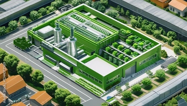 Fototapeta Aerial view showcasing a green factory symbolizing green washing concept, AI genrated, AI generated