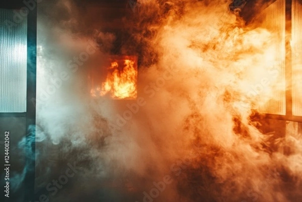 Fototapeta Room filled with thick smoke and flickering flames from a nearby fire creating an intense atmosphere. Generative AI