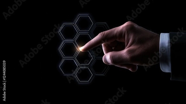 Fototapeta A hand interacts with a digital hexagon interface, symbolizing innovation and technology advancements.