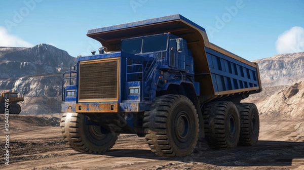 Obraz Dump truck. Abstract 3d large dumper on blue. Low pole. Mining machinery, industry equipment, Heavy career truck, open extraction, anthracite coal, gold mining, australian quarry, dumptruck concept