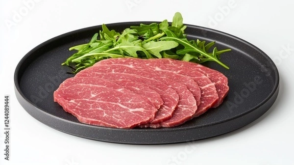 Fototapeta Freshly sliced raw beef served on a black plate with a side of vibrant green arugula for a delicious presentation.