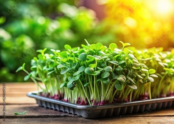 Fototapeta Vibrant arugula and sprouting microgreens, fresh from the farm, healthy and ready to eat.  A closeup tray of goodness.