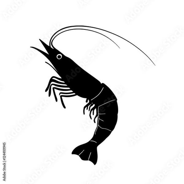Obraz An illustration featuring a black shrimp silhouette set against a clean white background showing a shrimp with detailed antennae and legs, symbolizing delicacy and agility.