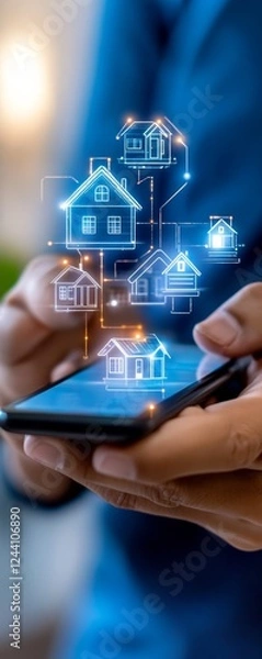 Obraz Smart Home Management on Mobile: Hands hold a smartphone displaying a network of interconnected smart homes, symbolizing the convenience and control of modern home technology.