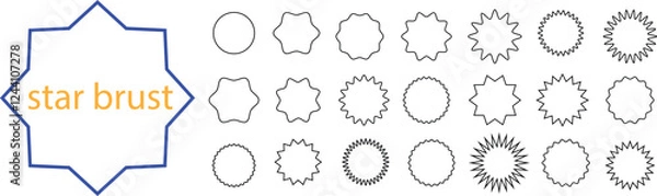 Fototapeta "Set of starburst shapes in various styles and designs, including wavy, spiked, and circular patterns, ideal for creative projects and graphic design with transparent background."