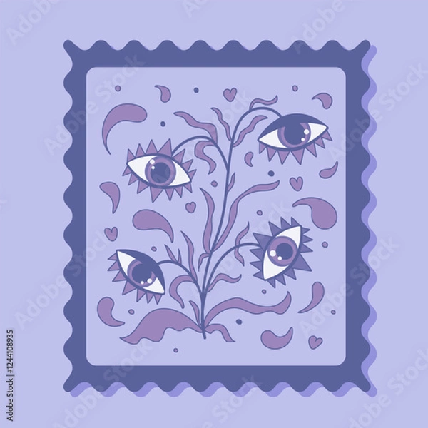 Fototapeta A stamp with plants and flowers in the form of eyes in a flat style with abstract elements in purple colors