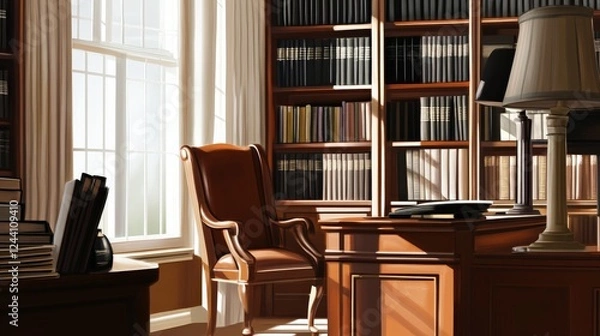 Fototapeta Cozy library interior with wooden shelves filled with books, a desk, and a reading chair by the window