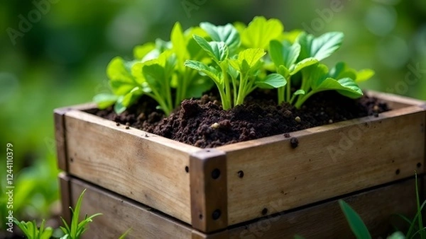 Fototapeta Рассада в деревянном ящике крупным планом 