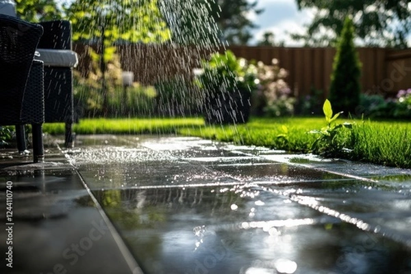 Fototapeta Backyard patio gets cleaned as water sprays across the tiles on a sunny day. Generative AI