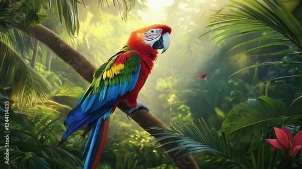 Fototapeta Colorful macaw parrot in the jungle. macaw parrot with colorful plumage and a long tail sitting on the tree branch. colorful parrot in the rain forest, wildlife and nature concept