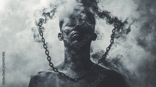 Fototapeta Haunting smoke chains enveloping a silhouetted figure symbolizing the powerful and ominous grip of addiction captivation and inner turmoil  A conceptual surreal and emotive digital artwork