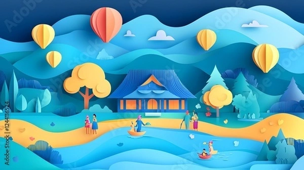Fototapeta Layered paper cut design depicting a joyful Songkran with a happy family enjoying the festivities in their traditional riverside pavilion surrounded by a serene landscape of mountains balloons