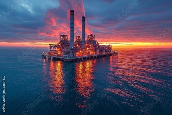 Fototapeta A view of an oil refinery plant within an industrial area against a sunset sky