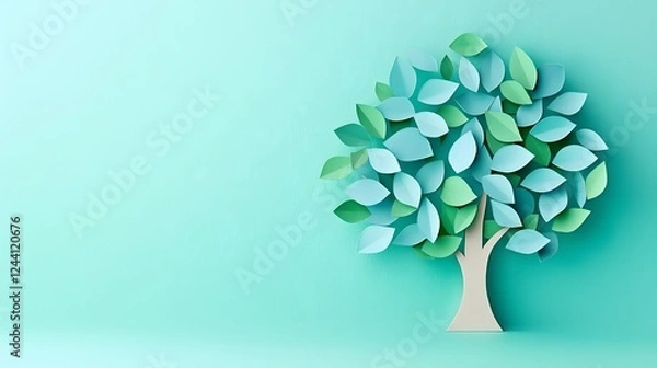 Fototapeta paper cut tree with vibrant green leaves symbolizing the growth and of individuals coming together in a united harmonious community  This abstract