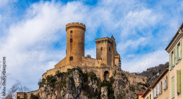Fototapeta Medieval castle of Foix on a promontory, in Ariege, in Occitanie, France