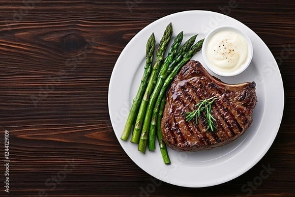 Obraz Top view of a plate of grilled steak served over a bed of roasted asparagus, garnished with garlic butter and a side of horseradish sauce