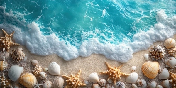 Fototapeta Seashells and Starfish on a Sandy Beach with Turquoise Ocean Waves