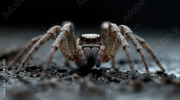 Fototapeta Close-up of a huntsman spider on dark soil. Nature macro photography for websites and publications