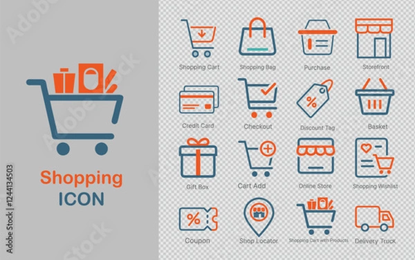 Fototapeta collection of shopping icons with line art designs, featuring shopping carts, bags, and purchase elements. Perfect for e-commerce, retail websites, and shopping-related graphics