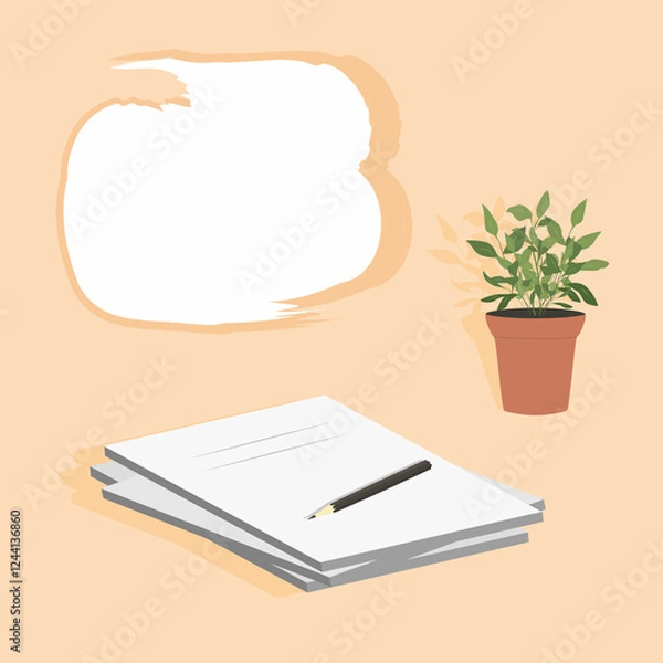 Obraz Template blank for schedule, promotions, offers, and discounts. Notebooks with a pencil and a houseplants on a yellow background. Copy space. Creative activity. Modern vector flat design.