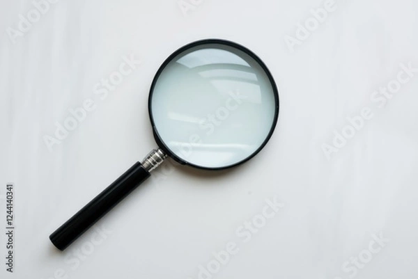 Obraz A black-handled magnifying glass rests on a white surface, ready for detailed examination.