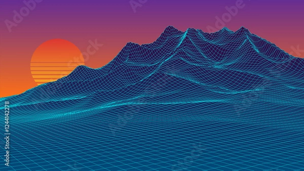 Obraz Futuristic retro landscape with sunset on horizon. Digital style background of the 1980s. Blue neon mountains. Big Data visualization. Vector illustration.