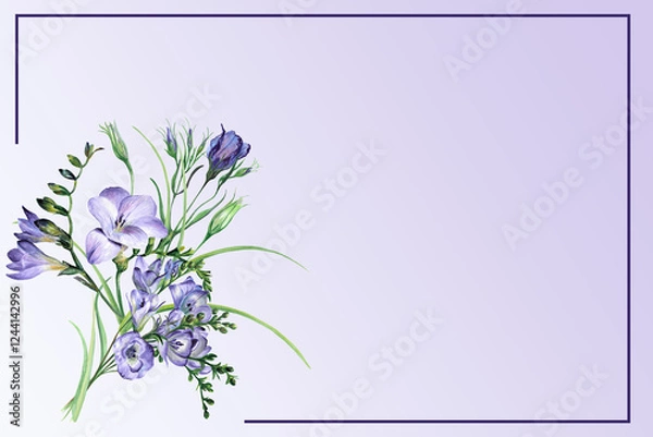 Fototapeta Blue delicate background with frame and bouquet of blue flowers. Watercolor illustration for creating postcard, greeting, invitation.