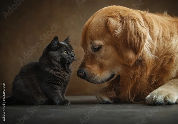 Fototapeta Playful interaction between a curious cat and a gentle golden retriever creating a heartwarming moment of friendship and connection in a cozy environment