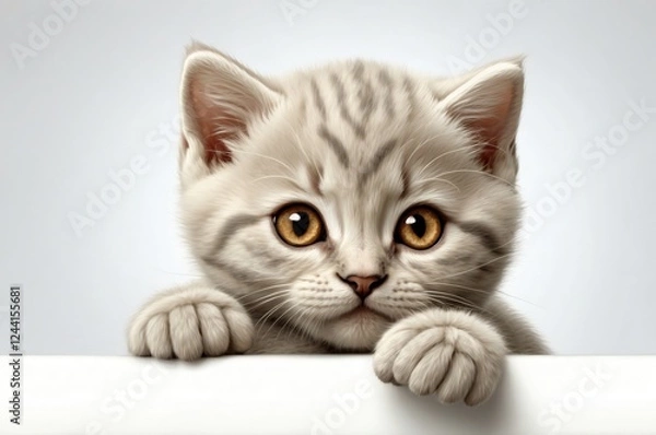 Obraz Cute adorable domestic curious cat kitten animal with its paws peeking over a white surface, photorealistic illustration on isolated background texture design.
