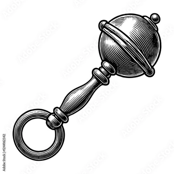 Fototapeta antique baby rattle with intricate details, evoking a nostalgic and vintage childhood theme sketch engraving generative ai PNG illustration. Scratch board imitation. Black and white image.