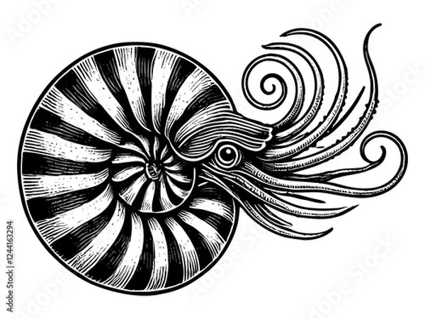 Obraz nautilus with swirling tentacles and ocean waves, inspired by vintage scientific and marine art sketch engraving generative ai PNG illustration. Scratch board imitation. Black and white image.