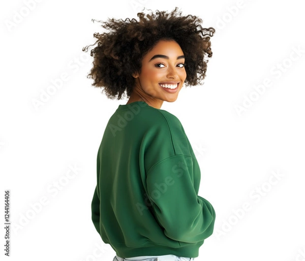 Fototapeta Smiling woman with afro hair in a green sweatshirt, exuding confidence and style, showcasing fashion trends, cutout, isolated on white backgroundv