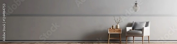 Obraz Gray living room featuring armchair, side table, hanging lamp, and empty wall. Clean and elegant design.
