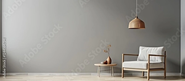 Obraz Gray living room featuring an armchair, side table, hanging lamp, and empty wall for design. Minimalist and modern.