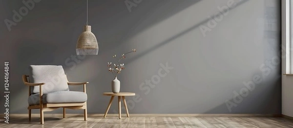 Obraz Gray living room featuring an armchair, side table, hanging lamp, and empty wall for design. Minimalist and modern.