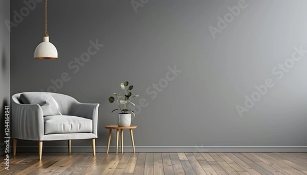 Obraz Gray living room featuring minimalist armchair, side table, hanging lamp, and blank wall for design mock-up.