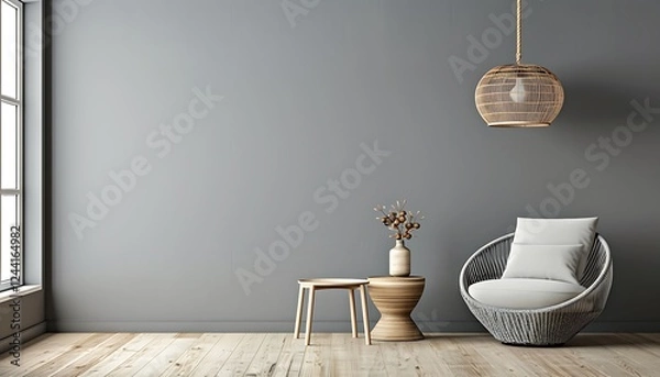 Obraz Gray living room featuring minimalist armchair, side table, hanging lamp, and blank wall for design mock-up.