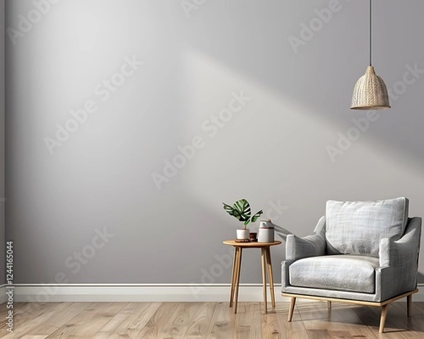 Obraz Gray living room with armchair, side table, hanging lamp, and empty wall. Modern and minimalist style.