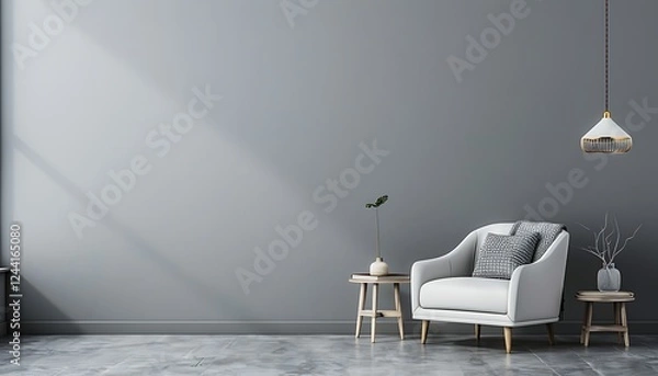 Obraz Gray living room with armchair, side table, hanging lamp, and blank wall. Modern and minimalist design.