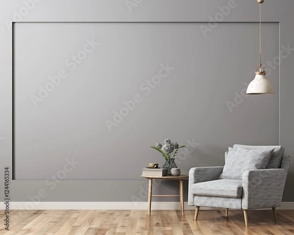 Obraz Gray living room with armchair, side table, hanging lamp, and empty wall. Modern and minimalist style.