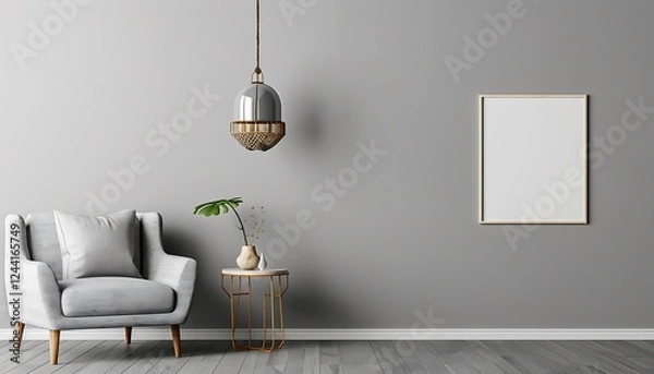 Obraz Gray living room with armchair, side table, hanging lamp, and blank wall. Modern and elegant.