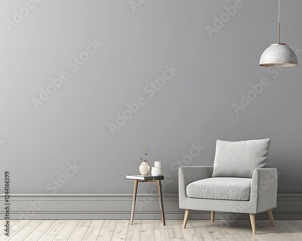 Fototapeta Gray living room with armchair, side table, hanging lamp, and empty wall. Modern and minimalist style.