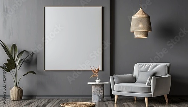 Obraz Gray living room with armchair, side table, hanging lamp, and blank wall. Modern and elegant.