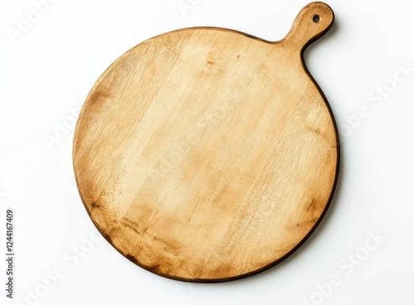 Fototapeta An empty wooden pizza board on a white background, top view, flat lay. The product is centered and has an organic shape 
