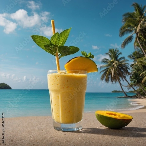Fototapeta An elegant mango dessert plated beautifully, with delicate mango mousse and a few pieces of diced mango arranged artistically. The dessert is surrounded by a drizzle of mango puree and a sprinkle of c