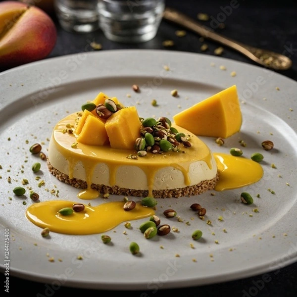 Fototapeta An elegant mango dessert plated beautifully, with delicate mango mousse and a few pieces of diced mango arranged artistically. The dessert is surrounded by a drizzle of mango puree and a sprinkle of c