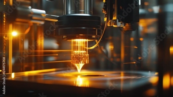 Fototapeta Precision 3D printing in factory; nozzle melts filament; background blurred